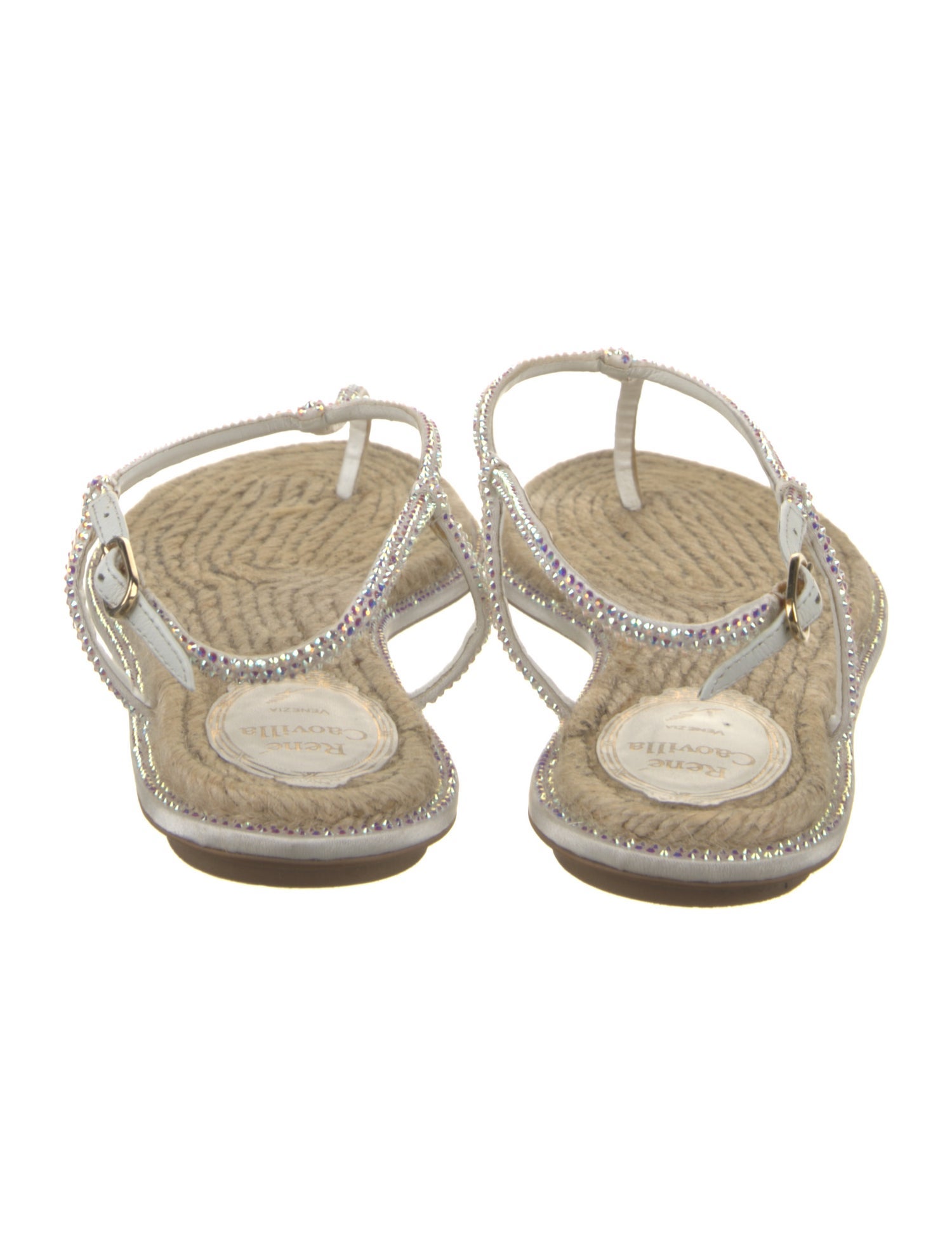 René Caovilla Jute Crystal Embellishments T-Strap Sandals